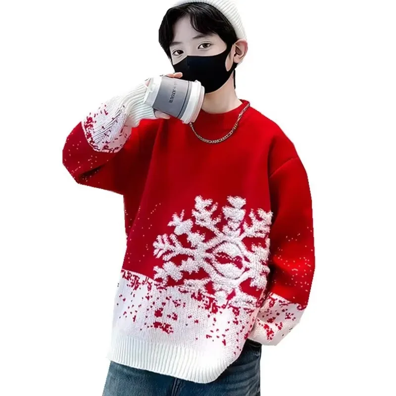 Kids Fall Winter Christmas Sweater For Boys Teens Red New Year Pullover Knitwear with Snowflakes Knitted Clothes 5 7 9 11 13 14Y