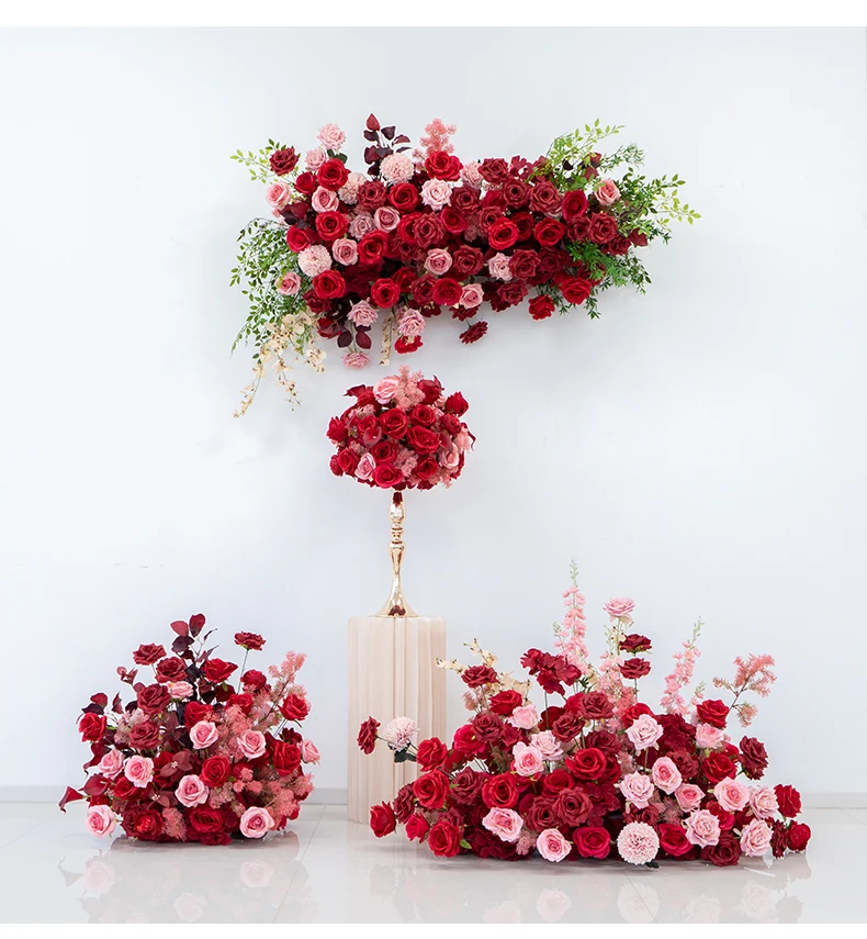 Rote und rosa Rosen, künstliche Blumenarrangements, Hochzeitstisch-Mittelstück, Blumenball für Outdoor-Rasenzeremonien, Party-Hintergrunddekoration – Detail 8