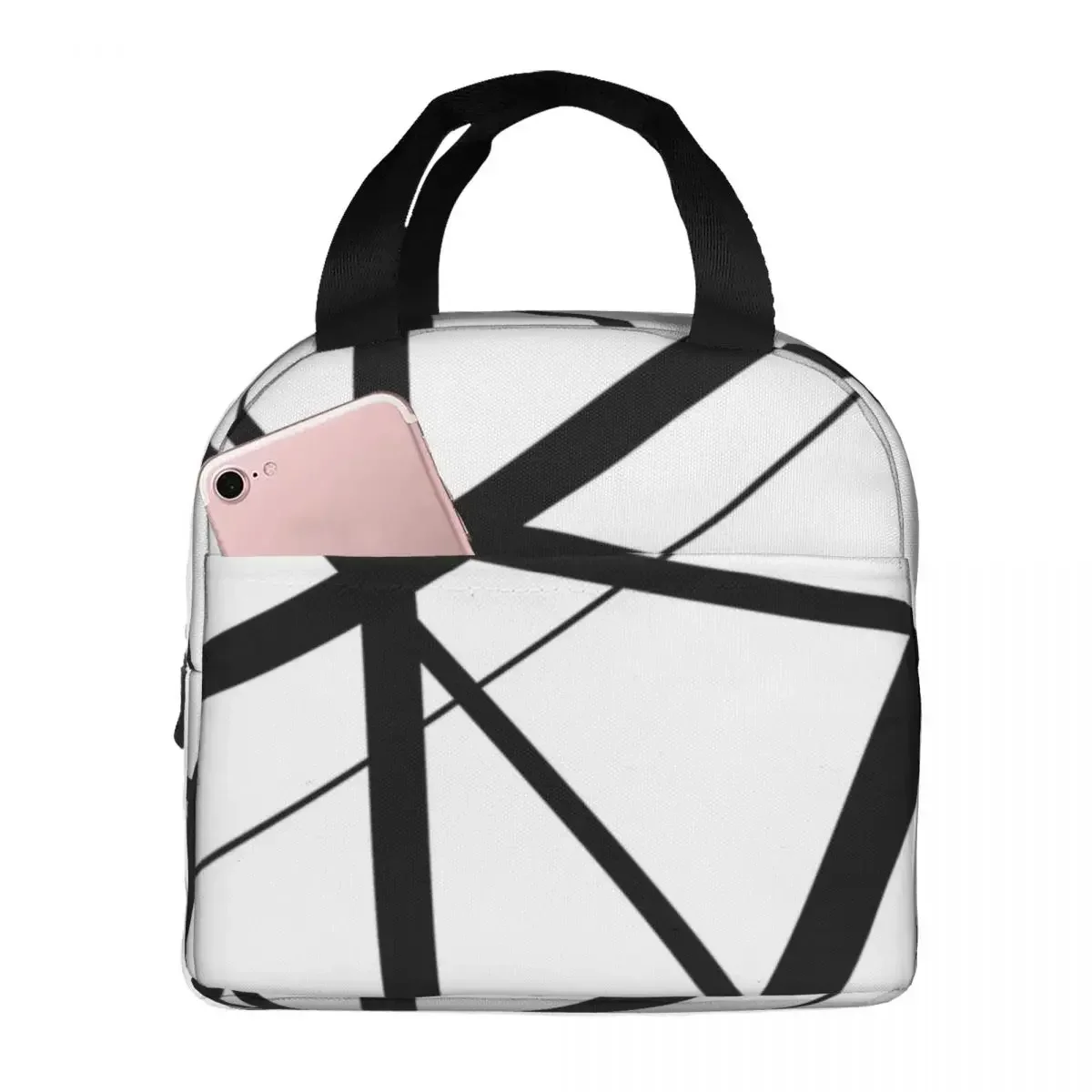 

Black And White Geometric Lines Lunch Bags Insulated Bento Box Lunch Tote Leakproof Picnic Bags Thermal Bag for Woman Student
