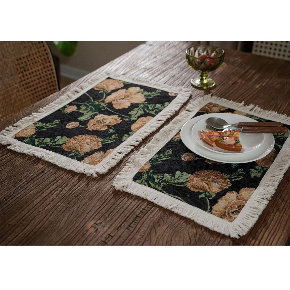 Jacquard Placemats with Tassel For Table Retro America Style Dining Table Mat Cotton Linen Pad Coaster Party Wedding Table Decor