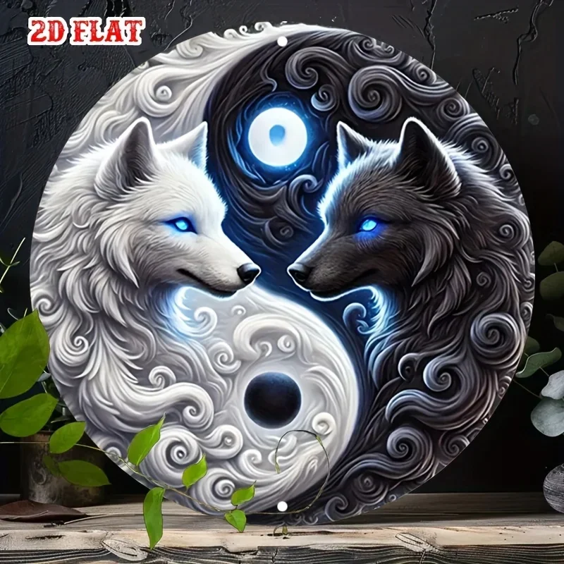 1 Stück Yin Yang Wölfe Vintage Metallschild Schwarz-Weiß Rundes Eisenposter Retro Wandkunst für Bar Mystische Symbolik