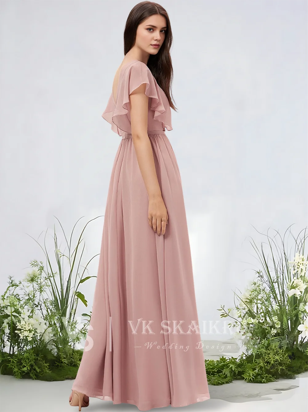 

B Elegant Bridesmaid Dresses A-line V-Neck Floor-Length Chiffon Wedding Party Dress for Women Luxury Bridesmaid Dresses Wedding