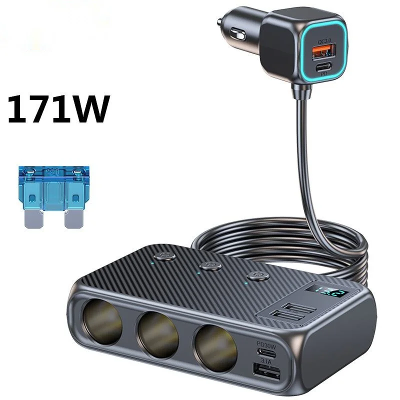 

C29 171W 9 in 1 Car Charger Adapter Cigarette Lighter Splitter PD30W/QC 3.0 Independent Switches DC 12V/24V Cigarette Outlet