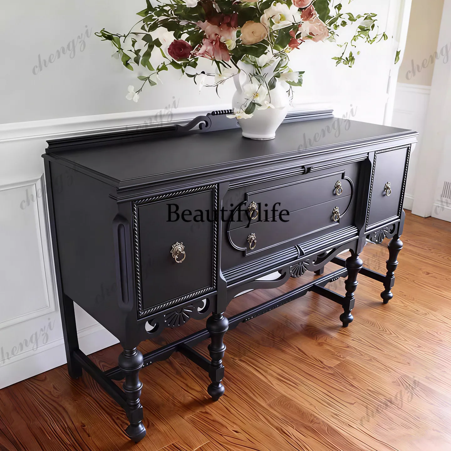 Retro style black solid wood Roman column dining side cabinet carved multi-drawer porch, locker high sense