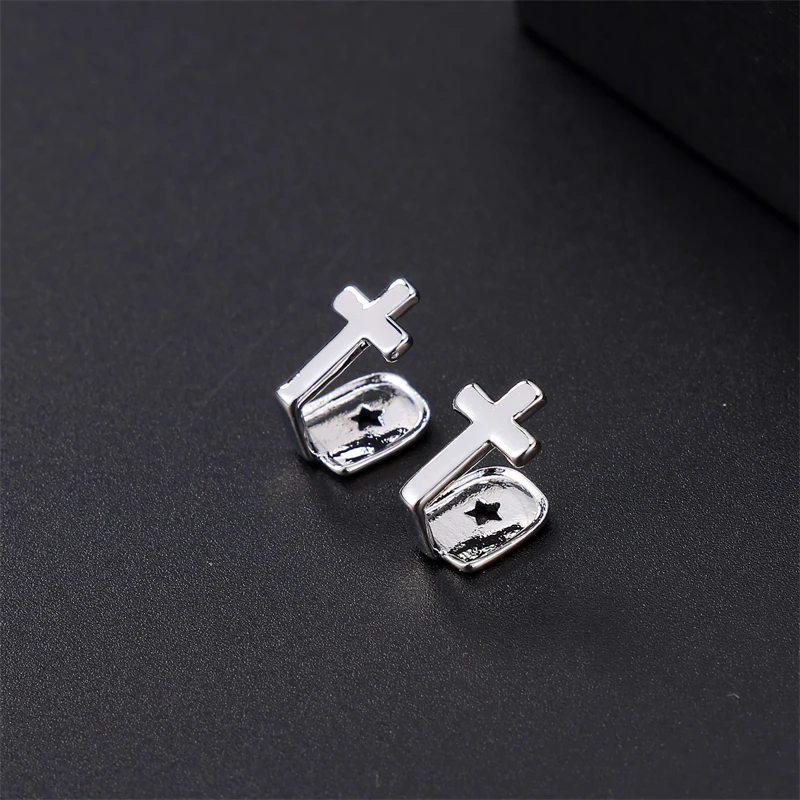 2pcs Teeth Caps Grillz With Cross Cubic Zircon Micro Pave Top & Bottom Charm Grills For Men Women Jewelry