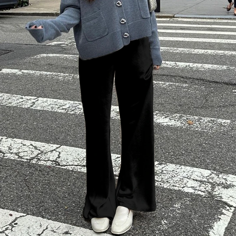 Maemukilabe الساتان بنطال ذو قصة أرجل واسعة عادية مرونة عالية الخصر بلون فضفاض صالح السراويل مكتب السيدات بنطلون المرأة الشارع الشهير #4