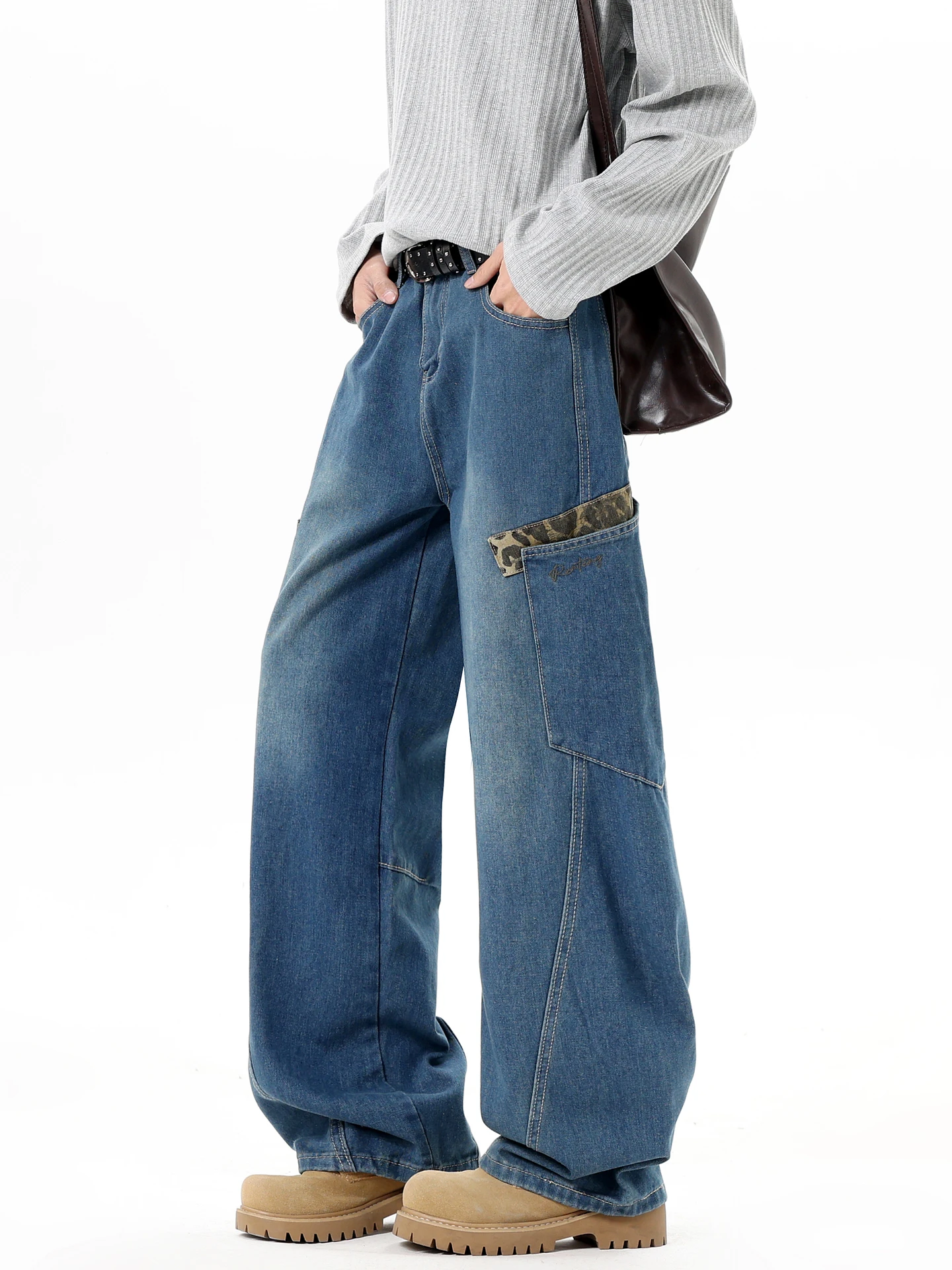 

Мужские джинсы в американском ретро-стиле с леопардовым принтом и пэчворком, широкие штанины, модные брендовые брюки в пол, повседневные прямые джинсы-трубы