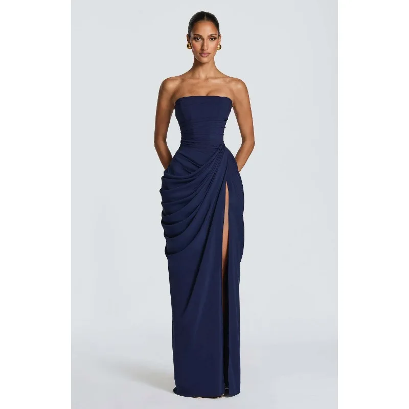 Elegant Solid Strapless Maxi Robe Women Ruched Waist High Thigh Slit Chic Flowy Dress Romantic Party Fashion Unique Vestido New