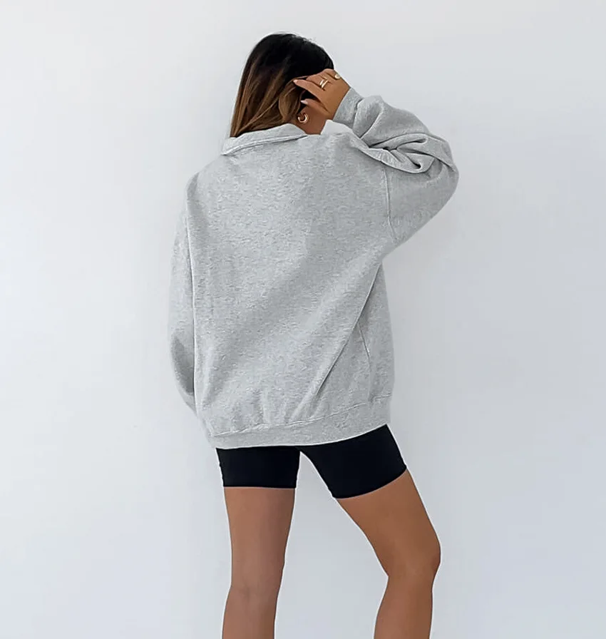 Gray Turn Down Collar Oversize Sweatshirts Women Long Sleeves Terry Knitted Pullover Tops Sporty 2024 Female Sweater