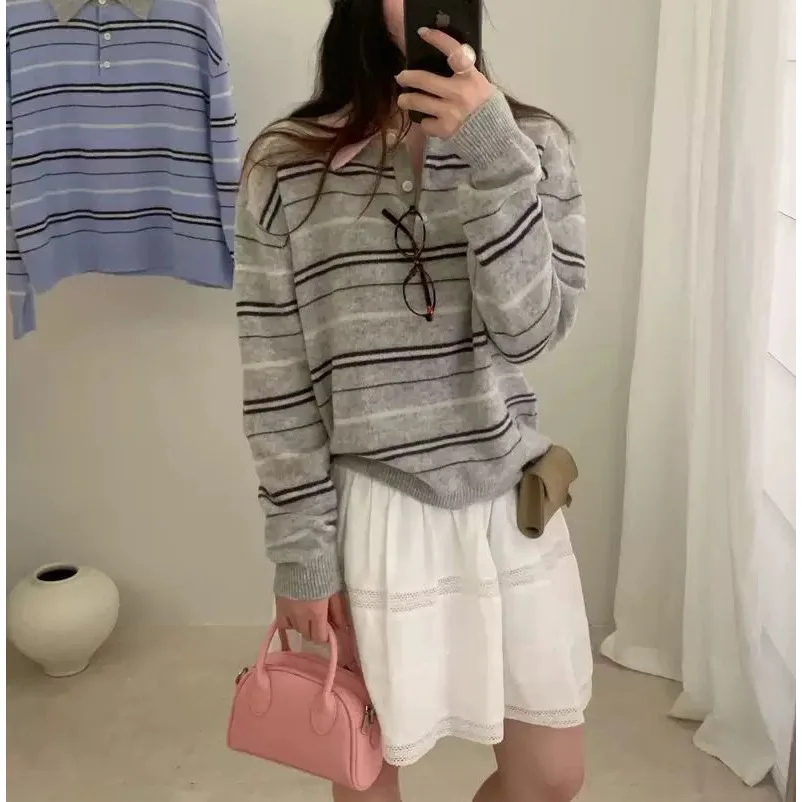 

Niche Retro Striped Contrasting Collar Polo Neck Pullover Sweater Autumn and Winter New Knitted Sweater