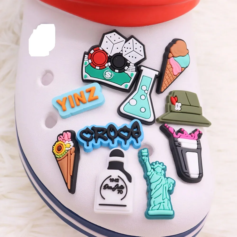 Single Sale 1PCS PVC Shoe Charms Pills Coffee Drink Ketchup Ice Cream Chips Money Milk Freedom Flower Sandals Shoes Decoration