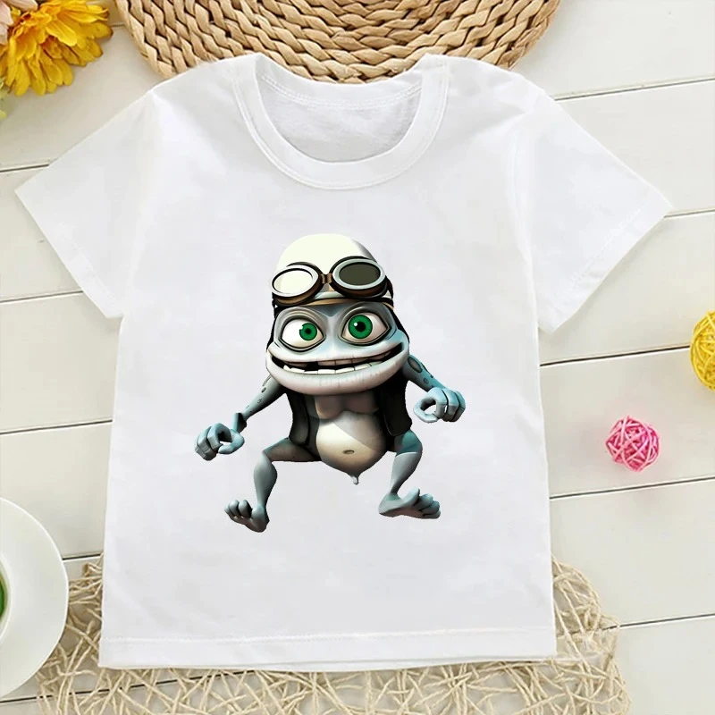 2024 New Summer Fashion Boys Pure Cotton T-shirt Fun Crazy Frog Anime Cartoon Print Children\'s Short Sleeve Hip Hop White Top