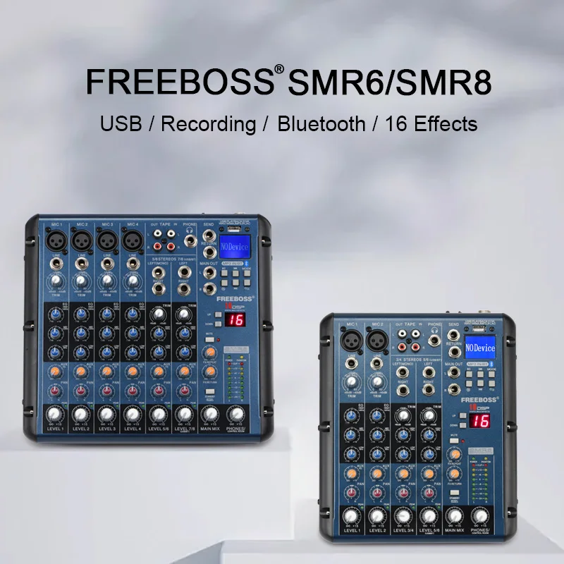 Freeboss 8 Channel Sound Mixing Console Bluetooth USB Record 16 DSP Delay Effect Church School Karaoke Party DJ Audio Mixer SMR8