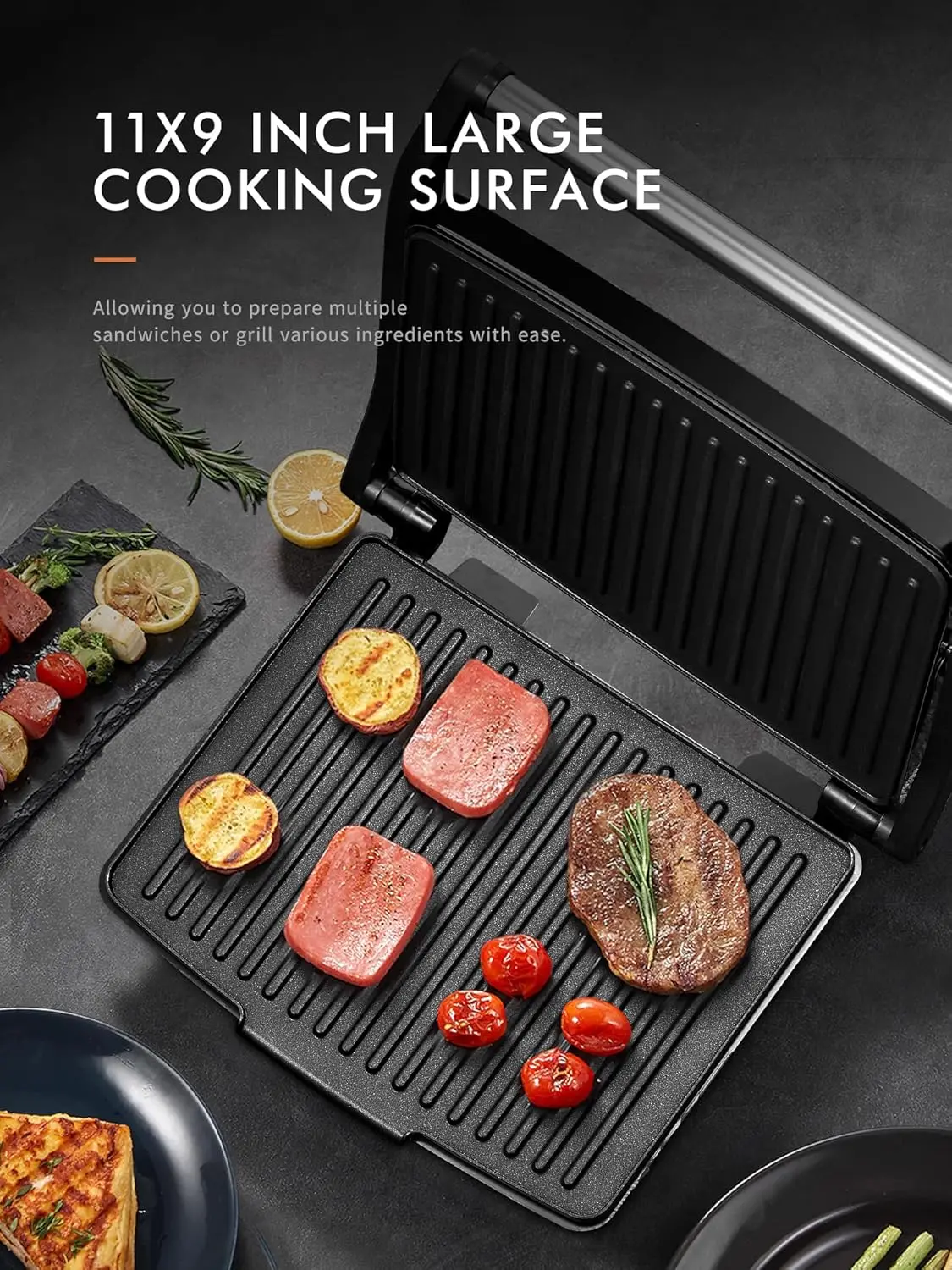 Panini Press Grill, Gourmet Sandwich Maker, Elektrische binnengrill met antiaanbaklaag en verwijderbare lekbak, Gemakkelijk te gebruiken