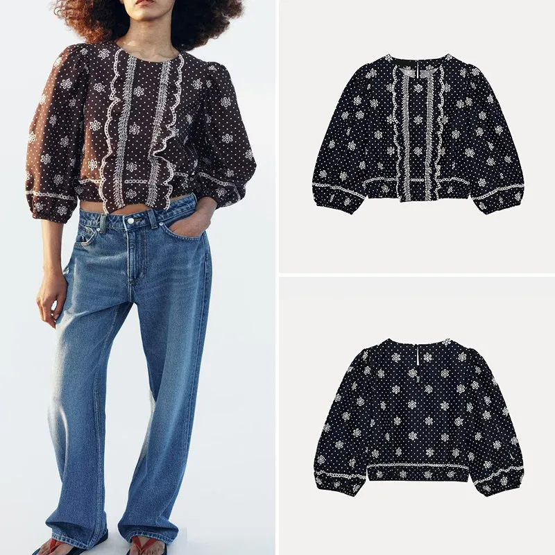 

Женская повседневная рубашка с вышивкой и вырезами в горошек, свободного кроя, с длинным рукавом, круглым вырезом горловины, модная, для индивидуального стиля, на каждый день