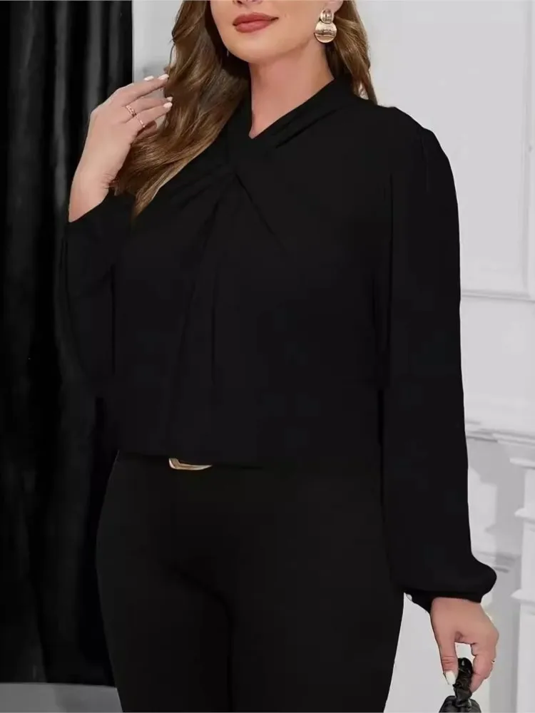 Pull à manches longues lanterne pour femme, grande taille, mode de bureau, plissé, dames, chemisiers décontractés, noir, automne