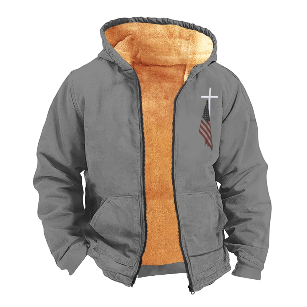 Men's and Teen‘s Thick Hooded Jacket, Parka with Zipper for Casual Style and Outdoor Warmth in  Winter Grey Cross Print