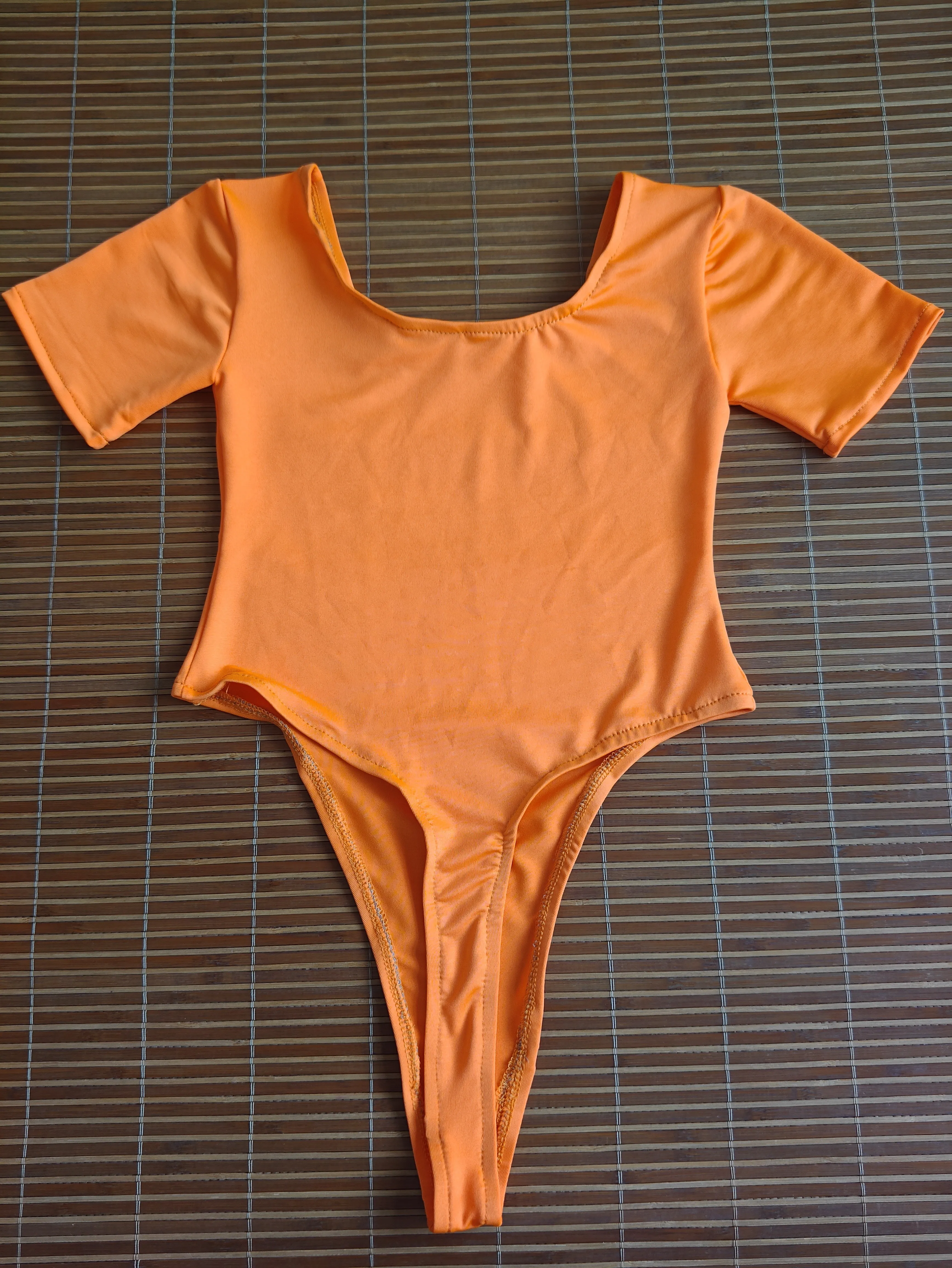 Orange Big round neck high cut leg Lycra Dancewear Thong Bodysuit Ballet Gymnastics Leotard jumpsuit Unitard Short Sleeve