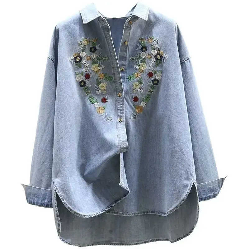 Harajuku Fashion Cotton Denim Spring Blouses 2026 Long Sleeve Women's Embroidered Shirts Pretty Blouses Woman Jean Shirts view 6