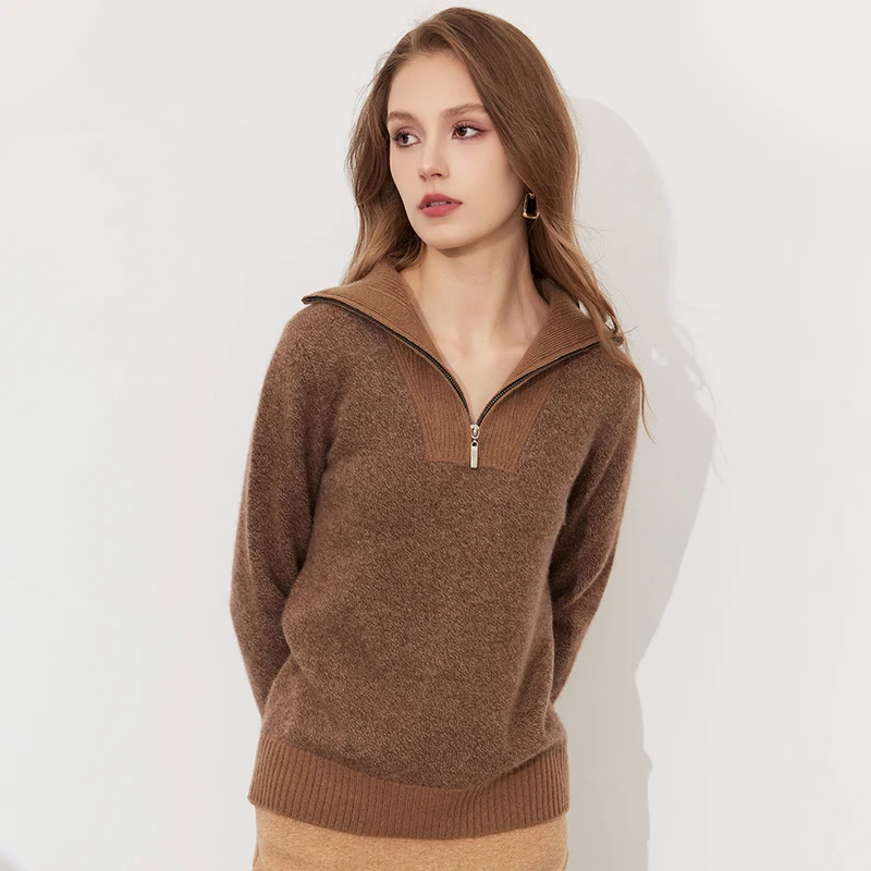 RONGYI 100% Cashmere Autumn And Winter Sweater Women Zipper Stand Collar Knitted Thickened Pullover Top Fashion  Simple Jacket