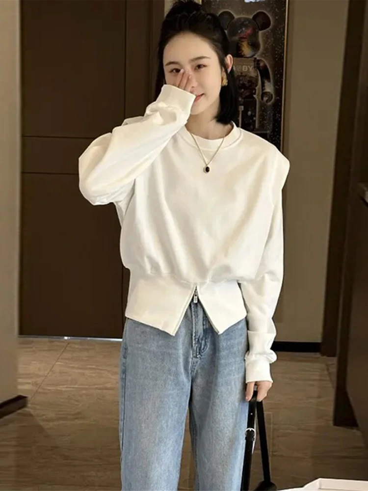 

White round Neck Sweatshirt Women's Spring Autumn Short Sleeve Slim Fit Asymmetrical Long Sleeve Top Fashionable Streetwear
