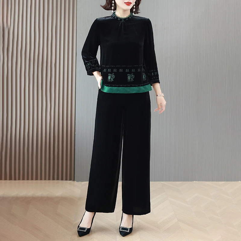 2023 Autumn and Winter New Women\'s Silk Velvet Long Sleeve Top and Pants Two Piece Set of Velvet Embroidered Wide Leg Pants