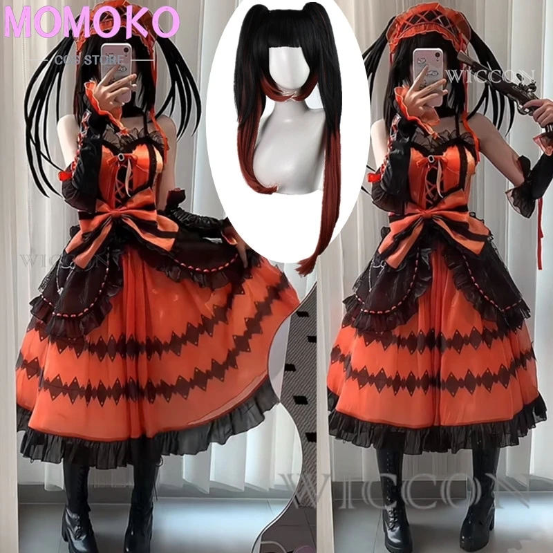 

DATE A LIVE Tokisaki Kurumi Косплей Костюм Парик с челкой Зажим для хвостиков Comic Con Nightmare Черный длинный парик с хвостиками Костюмы