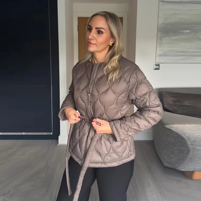 Vestes en coton pour femmes, manteau grille de diamant, col rond, cordon de serrage à la taille, manches longues, vêtements d'extérieur amples pour dames, hiver