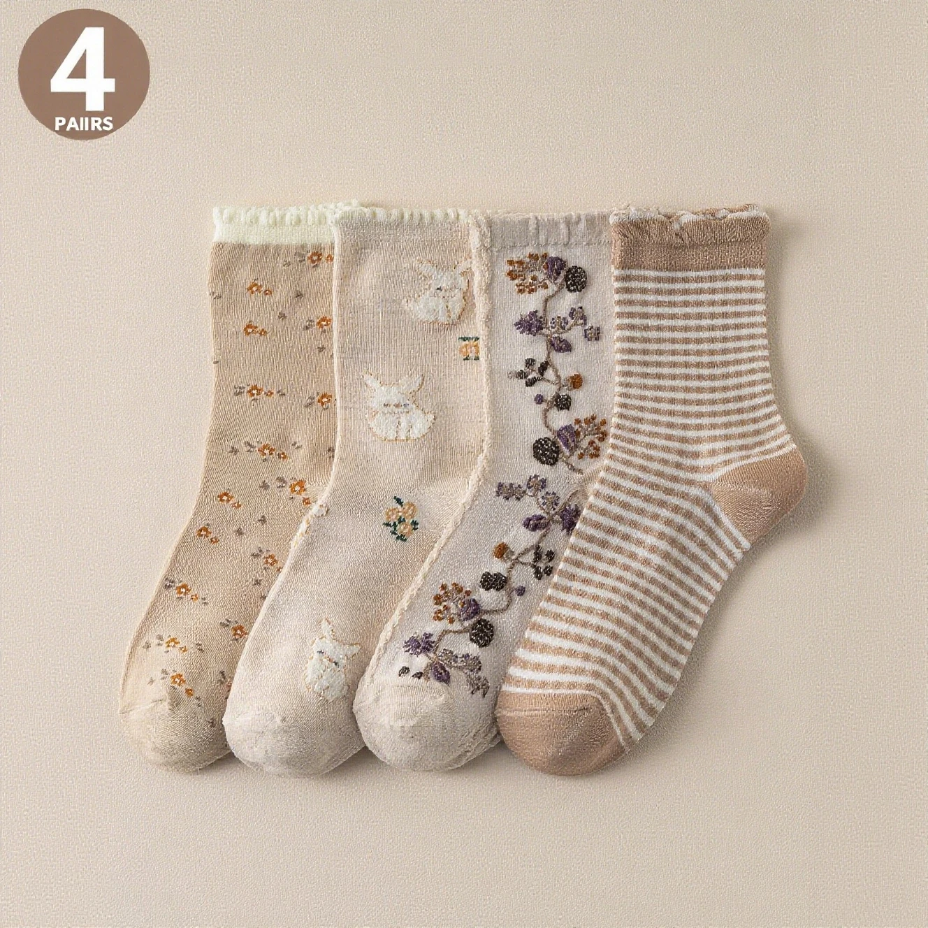 

4 Pairs of Fashionable and Exquisite Retro Forest Style Flower Women's Mid Tube Socks With College Style Daily Casual Socks