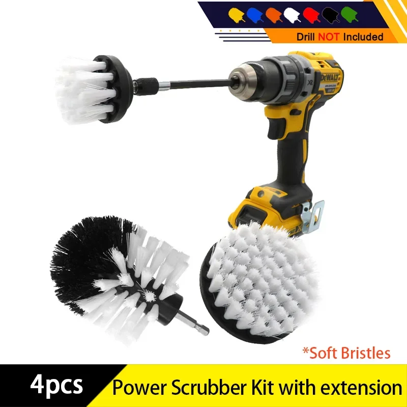 4Pcs/Set Drill Power Scrub Clean Brush Electric Drill Brush Kit with Extension for Cleaning Car, Seat, Carpet, Upholstery