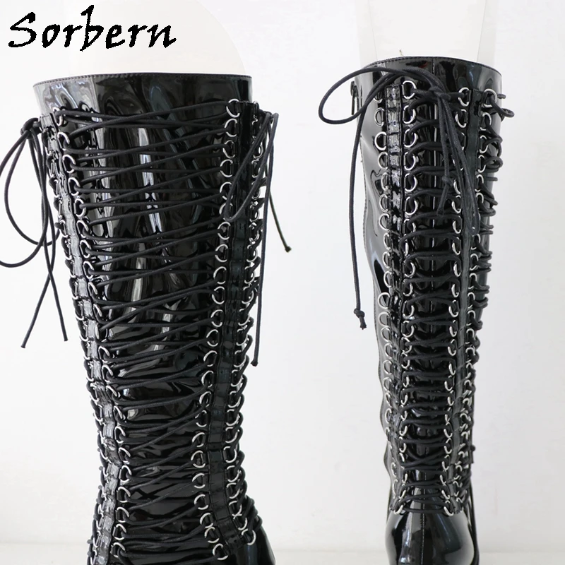 Sorbern Customized Glossy Black Boots Women Knee High Multi Lace Up Bandge Boots High Heel Stilettos Pointed Toe Shoes