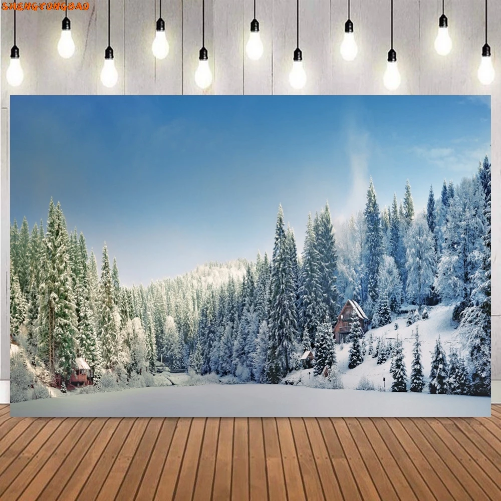 Winter Snow Scenery Photography Background Pine Trees Snowflakes Natural Landscape Portrait Photographic Background Photo Props