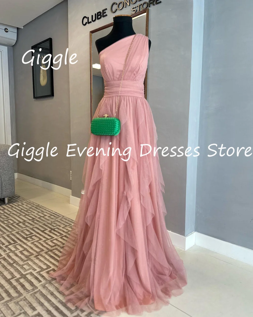 Giggle Tulle A-line One-shoulder Ruffle Formal Elegant Prom Gown Floor Length luxury Evening Pretty Party Dresses for Women 2024