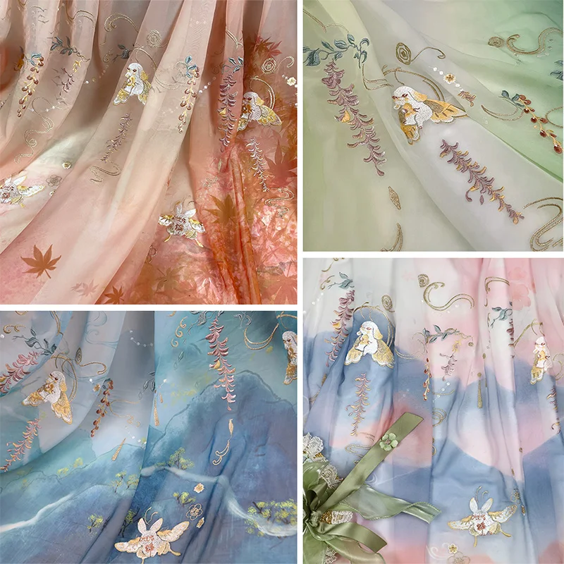 1/3/5M Ancient Style Gradient Hanfu Fabric Bunny Wisteria Printed Chiffon Embroidery Fabric For Diy Sewing Costume Hanfu Dress