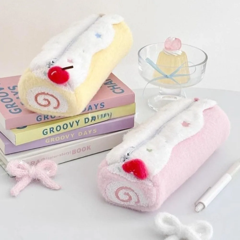 Korean Cream Swiss Roll Pencil Case High Aesthetic Storage Desktop Stationery Box Kawaii Large Capacity Cute Stationery Bag