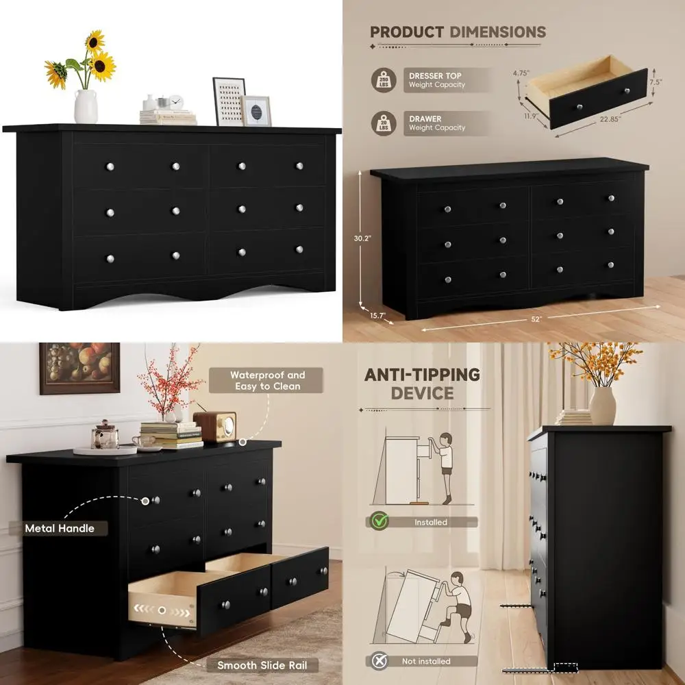 dresser for bedroom, 6 wood dresser, chest of drawers, for tv up to 65 inch, tv stand storage chest of drawers for hallway entr