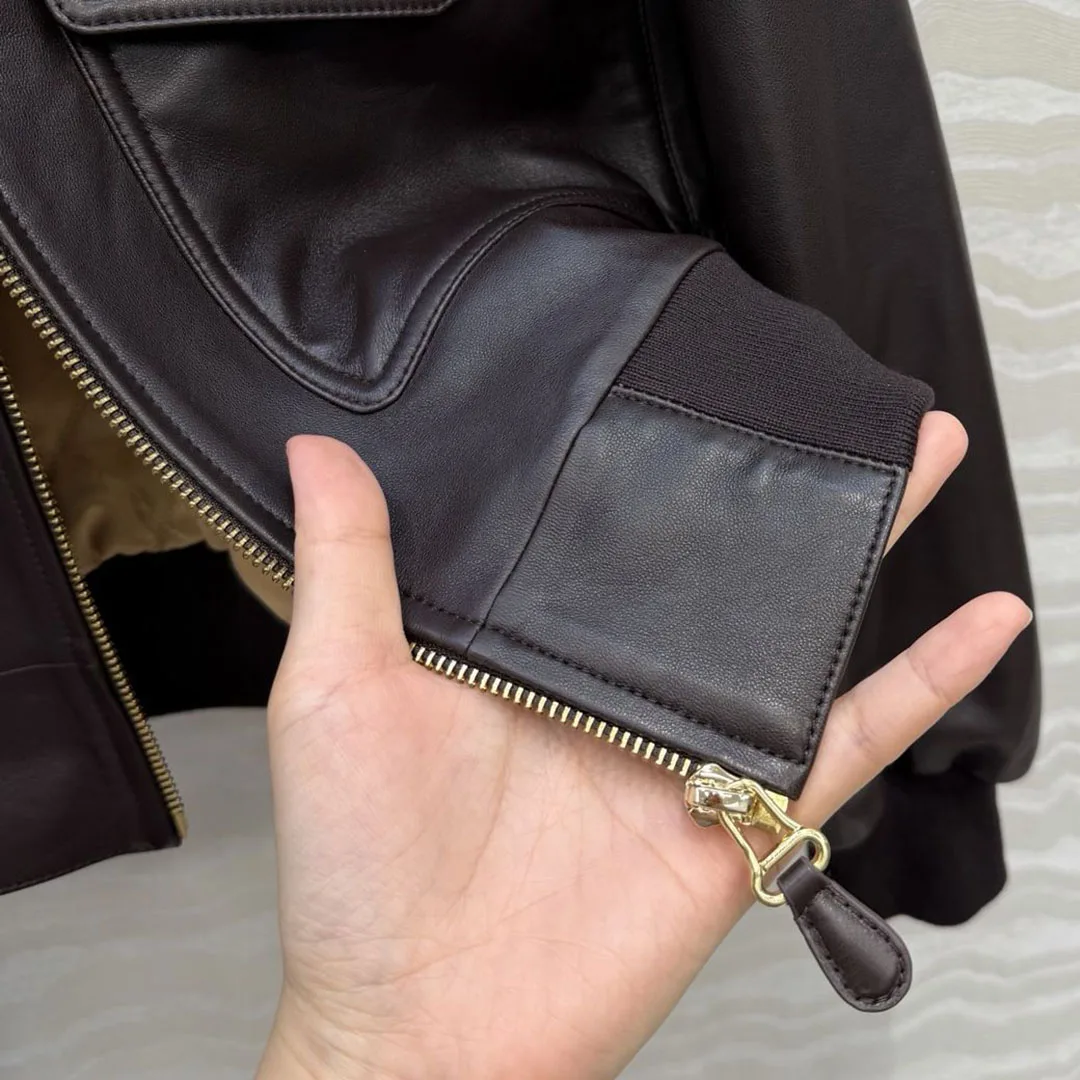 Vintage Brown 100% Sheepskin Leather Cotton Liner Coat Women Patchwork Lamb Lapel Zipper Long Sleeve New Winter Warm Jacket