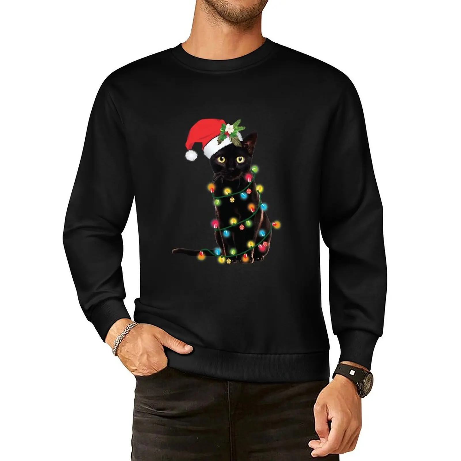 

Santa Black Cat Tangled Up In Christmas Tree Lights Holiday Pullover Hoodie clothes for men sports sweatshirt man