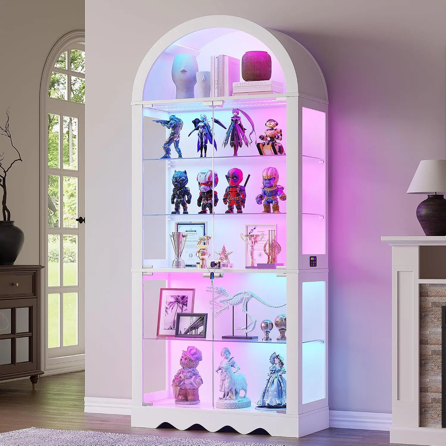 Curio Display Case, Glass Doors, Adjustable Large Shelves, Motion Sensor, APP Control, 70.8 inch, for Collectibles, Customized