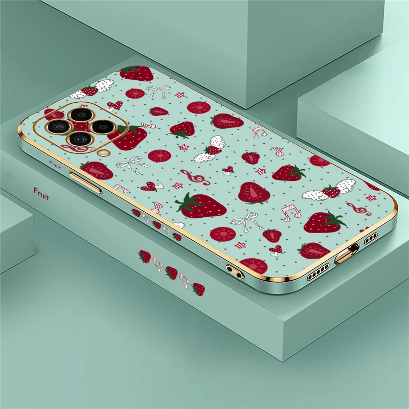 Plating Silicone Phone Case For Samsung Galaxy M42 5G M21 M11 M13 M62 M32 M54 M53 M31 Soft TPU Strawberry Love Heart Cover