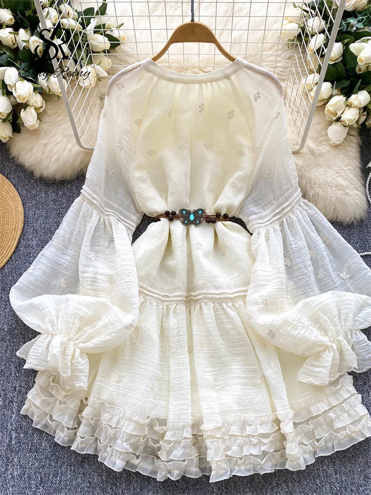 فستان SINGREINY صيفي مطرز متوسط الطول للسيدات بأكمام واسعة وكشكشة على شكل فراشة وشاحات فرنسية قابلة للطي فستان صيفي عتيق للعطلات #2