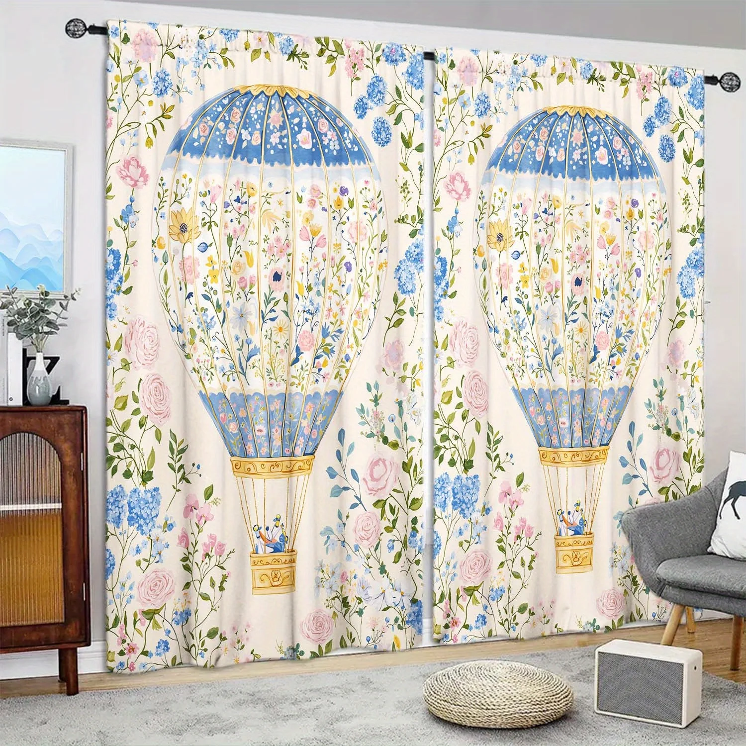 Floral hot air balloon themed curtain. With rod pocket design, it is easy to hang and suitable for in living rooms and offices