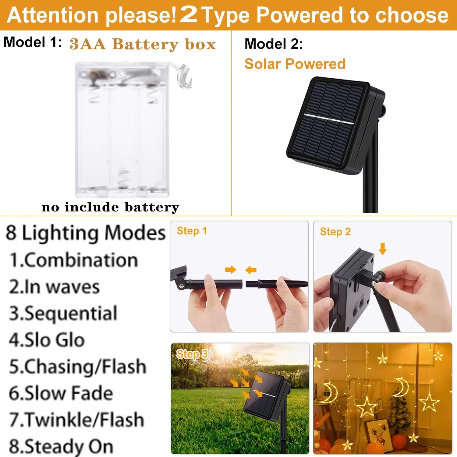 Lampu Tirai LED Bintang Bulan Bertenaga Baterai Surya 3.5M 8 Mode Lampu Gantung Atmosfer Dalam Ruangan untuk Dekorasi Pesta Natal Ramadan