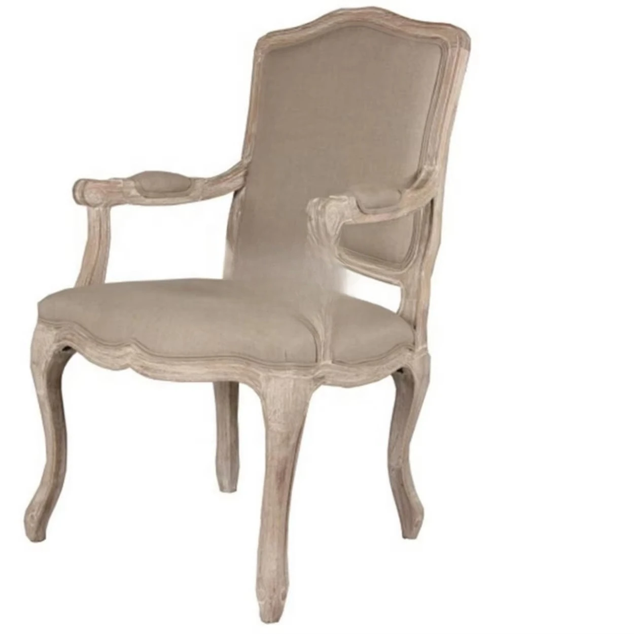 # French Style Solid Oak Neutral Upholstered Seats Delicate Floral Carving Dining Chair with Arm