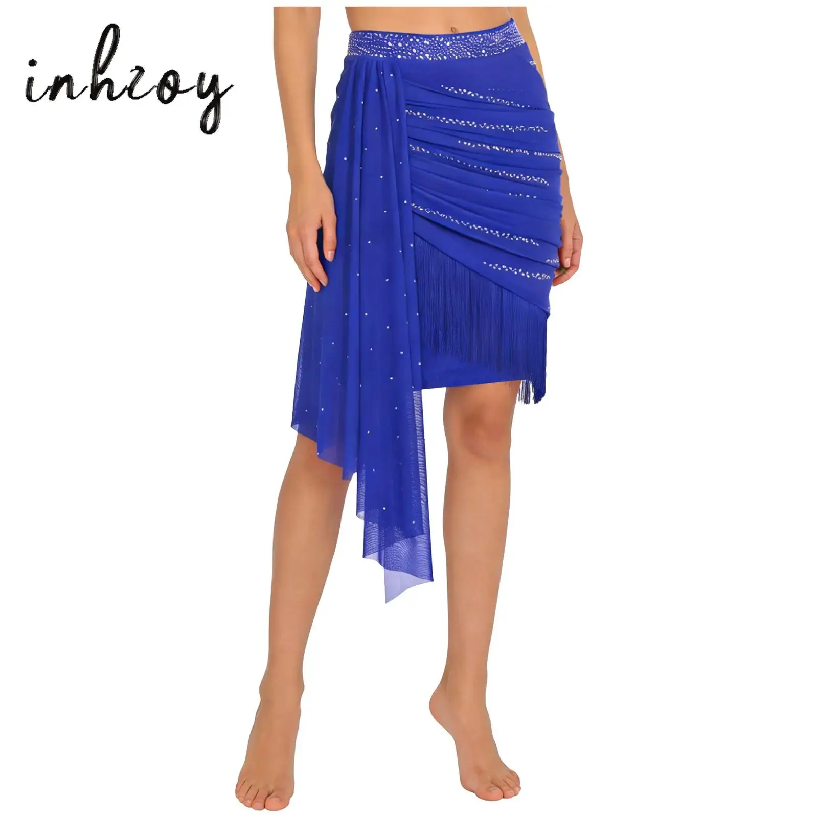 

Women's Shiny Rhinestones Tassels Salsa Latin Dance Skirt Elastic Waistband Mesh Drape Ruched Skirt for Performance Competition