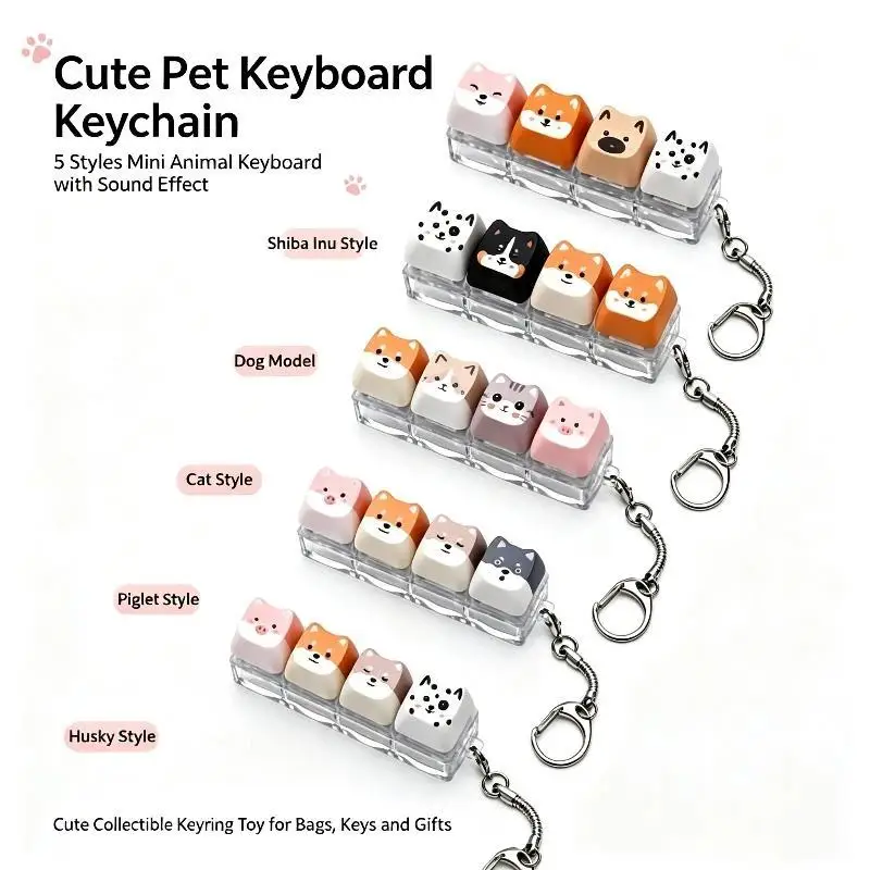 Cute Cats And Dogs Keychain 4 Keys: Keyboard Key Ring Backpack Pendant Decompression Stress Relief