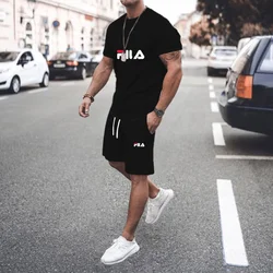 T-shirt a maniche corte stampata ad asciugatura rapida di abbigliamento di marca da uomo nuovo estivo + pantaloncini tuta fitness traspirante casual in due pezzi