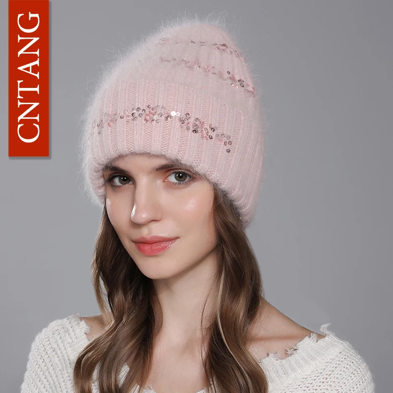 CNTANG Fashion Hat Round Sequins Winter Warm Beanies Angora Rabbit Fur Hats For Women Knitted Female Hats High Quality Cap y2k