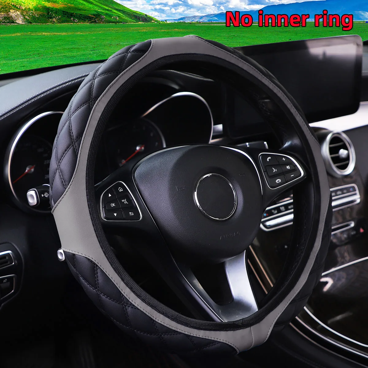 Women's Embroidered PU Leather Steering Wheel Cover Semi-Circular Rimless Design Car Decorative Accessory for 38cm Wheel