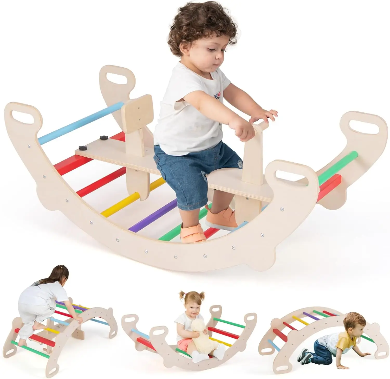 

Wooden Rocking Climbing Arch, 4-in-1 Montessori Kids Arch Rocker Climber Ladder for Rocking Horse, Children Indoor Outdoor Gym L